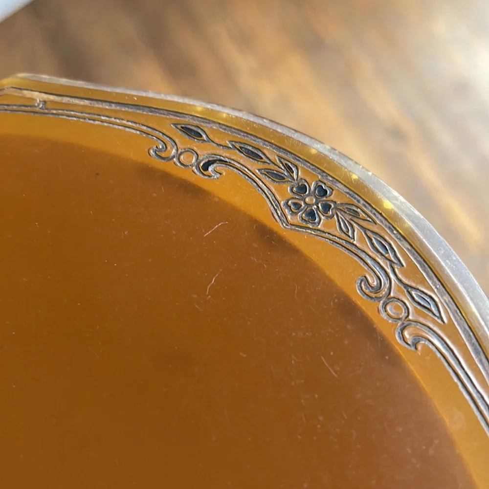 Vintage Resin Hand Mirror Floral Etching